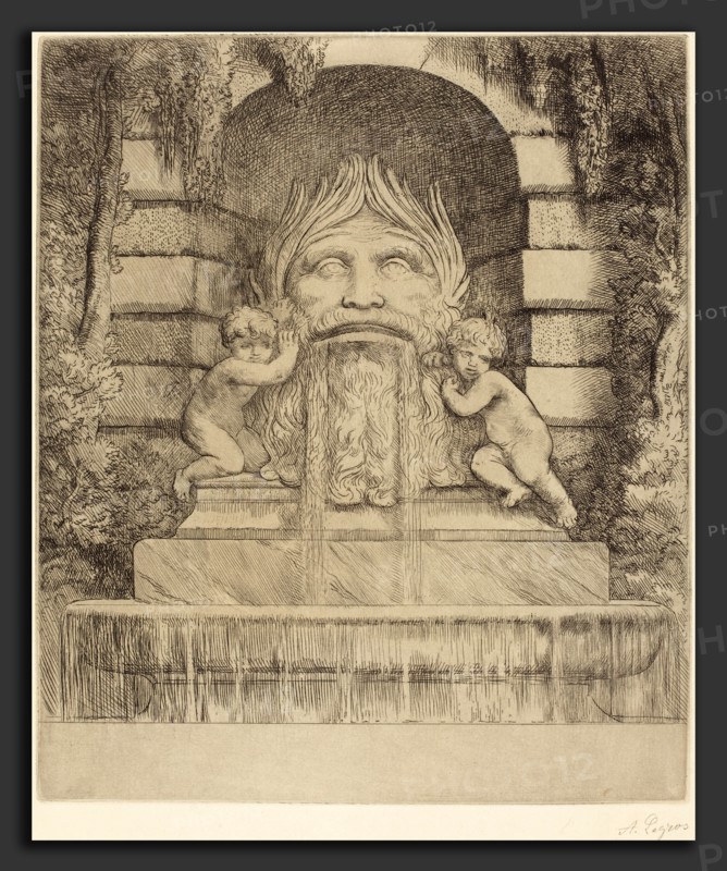 Alphonse Legros, Fountain: Grotesque, Children and Basin (Une fountaine: Masque, enfants et bassin), French, 1837 - 1911, etching
