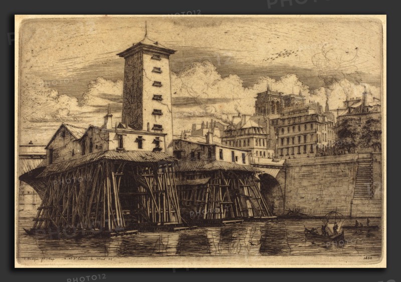 Charles Meryon (French, 1821 - 1868), La Pompe Notre-Dame, Paris (The Notre-Dame Pump), 1852, etching with drypoint on green paper