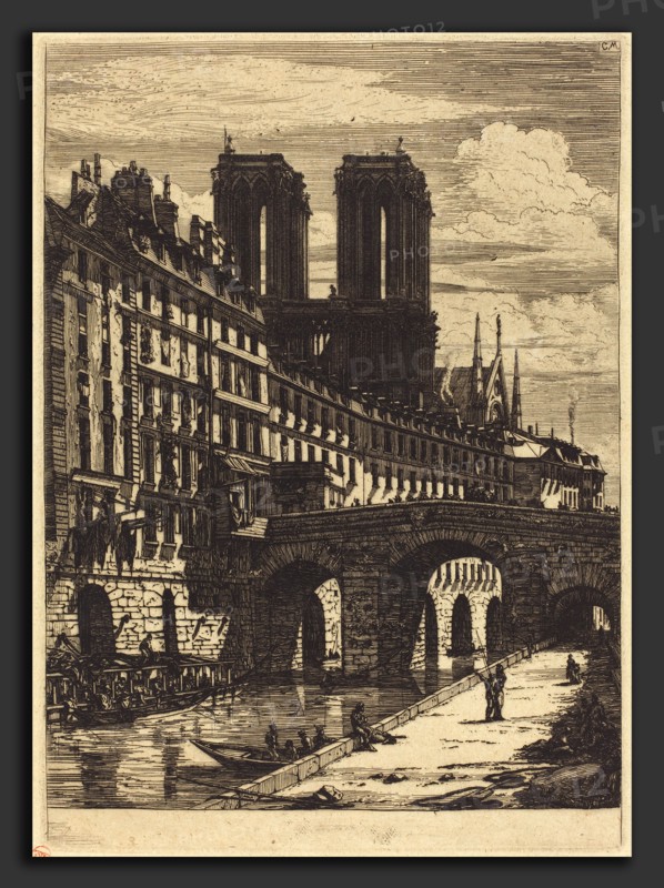 Charles Meryon (French, 1821 - 1868), Le Petit Pont, Paris, 1850, etching and drypoint on gray-green paper