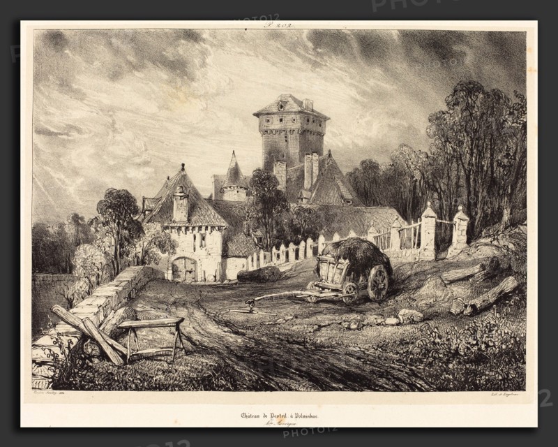 EugÃ¨ne Isabey (French, 1803 - 1886), ChÃ¢teau de Pesteil Ã  Polminhac, 1832, lithograph in black on chine collé