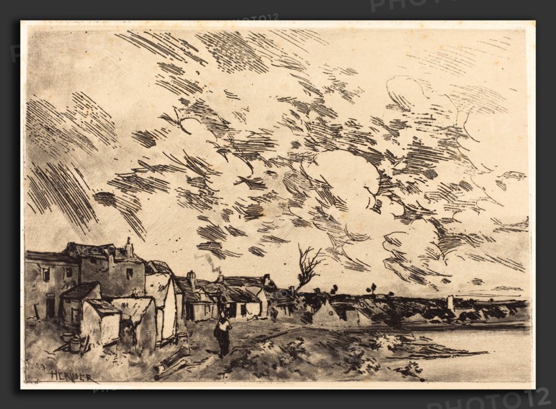 Adolphe Hervier (French, 1818 - 1879), Village sur le bord d'une Riviere, 1875, etching with roulette work on chine collé