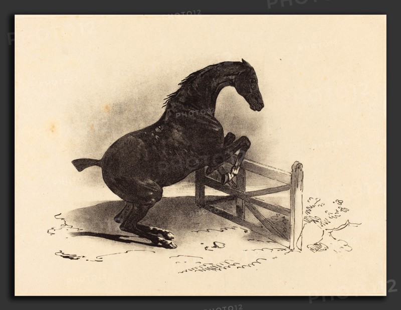 Louis-Pierre-Marie Courtin after Théodore Gericault (French, born 1788), Horse Jumping a Barrier, 1823, lithograph on wove paper