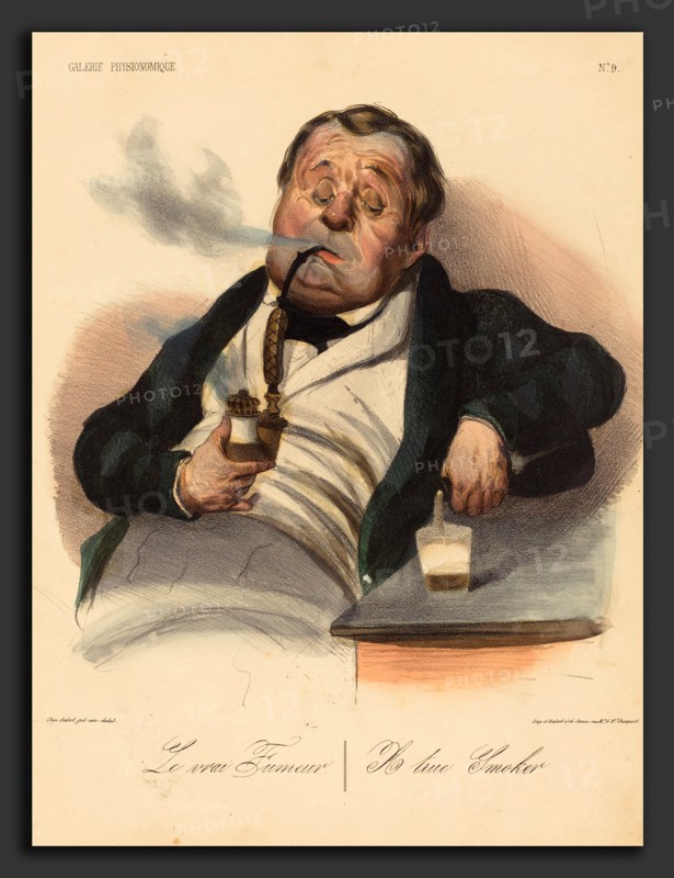 Honoré Daumier (French, 1808 - 1879), Le vrai Fumeur, 1836, hand-colored lithograph