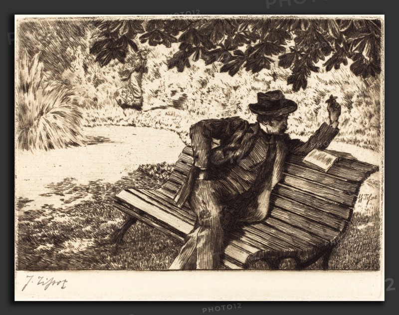 James Jacques Joseph Tissot (French, 1836 - 1902), Denoisel Reading in the Garden, 1882, etching on wove paper