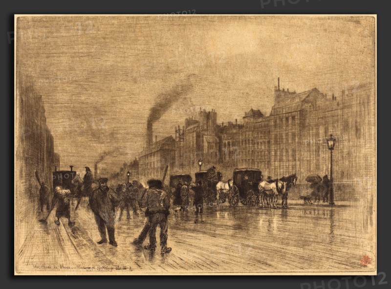 Félix-Hilaire Buhot (French, 1847 - 1898), Matinée d'Hiver sur les Quais, 1883, etching, drypoint, roulette, aquatint, and sand paper ground onlaid paper