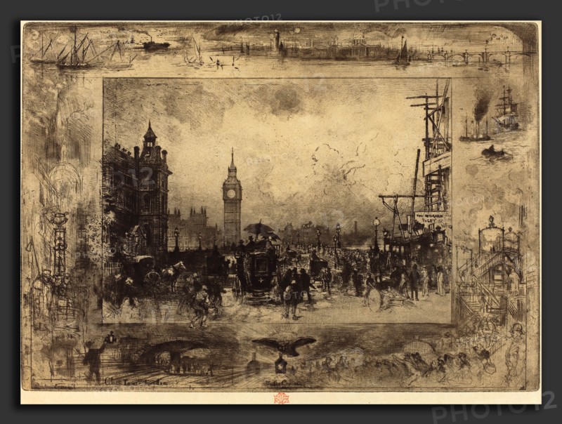 Félix-Hilaire Buhot (French, 1847 - 1898), Westminster Bridge, 1884, etching, drypoint, roulette, aquatint, and spit-bite etching onlaid paper