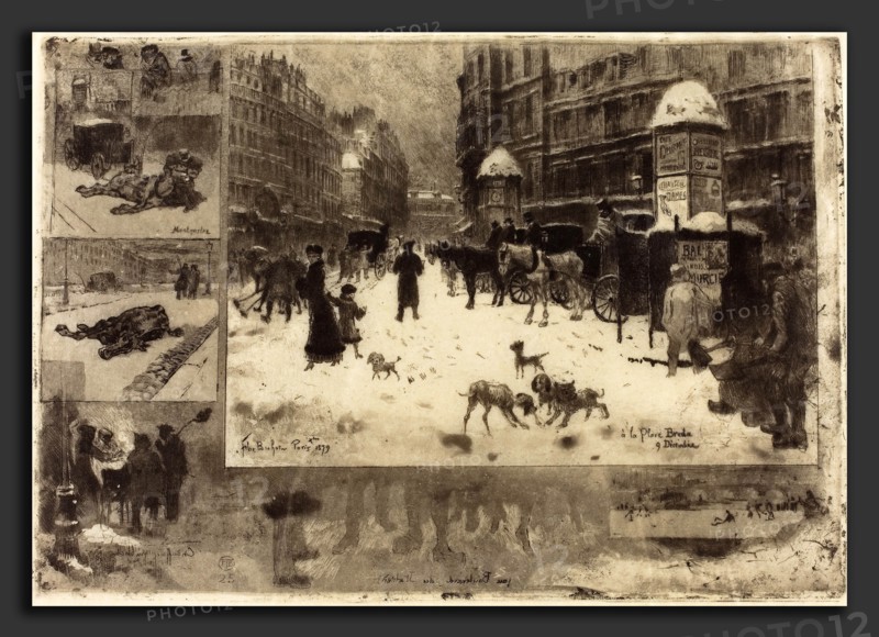Félix-Hilaire Buhot (French, 1847 - 1898), L'Hiver Ã  Paris (Winter in Paris), 1879, etching, aquatint, spit-bite etching, softground etching, drypoint, and scraping in black on artificial vellum