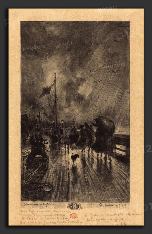 Félix-Hilaire Buhot (French, 1847 - 1898), Un Débarquement en Angleterre (Landing in England), 1879, etching, drypoint, aquatint (dust ground and spirit ground), roulette, and burnishing in black on oatmeal paper