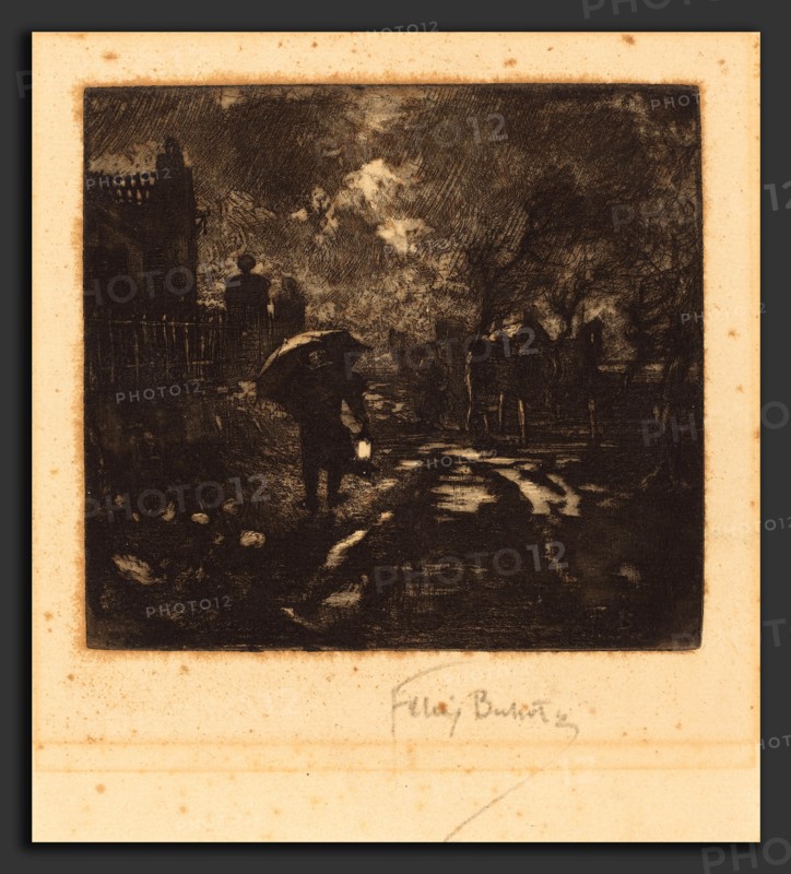 Félix-Hilaire Buhot (French, 1847 - 1898), La Ronde de Nuit (Night Patrol), 1878, etching, aquatint, and drypoint in black on moderately thick beige laid paper