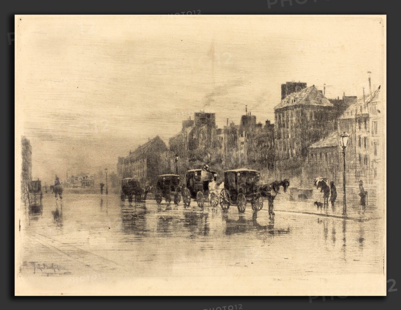 Félix-Hilaire Buhot (French, 1847 - 1898), Une Matinée d'Hiver au Quai de l'Hotel-Dieu (Winter Morning on the Quai de l'Hotel-Dieu), 1876, etching, aquatint, drypoint, stop-out, and roulette on heavy woe paper