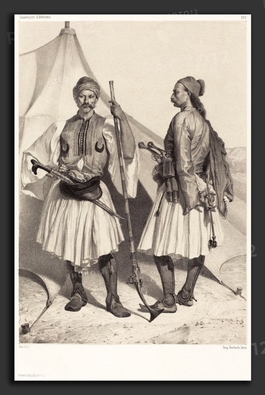 Alexandre Bida (French, 1823 - 1895), Arnautes, Ãâgypte (Albanians, Egypt), lithograph on chine collé
