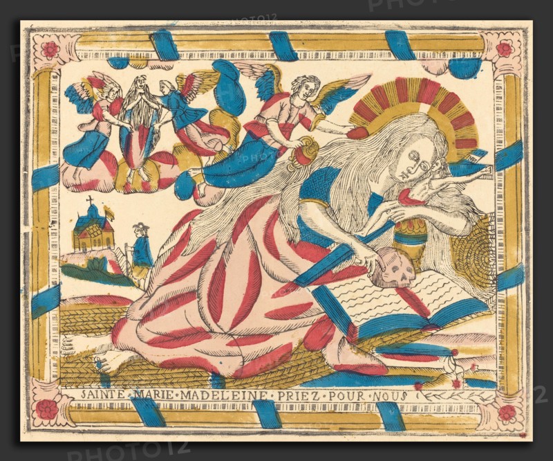 French 19th Century, Saint Mary Magdalene Pray for Us, c. 1820, hand-colored woodcut on laid paper