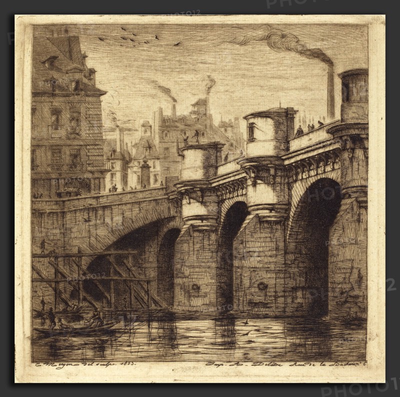 Charles Meryon (French, 1821 - 1868), Le Pont Neuf, Paris, 1853, etching on green paper