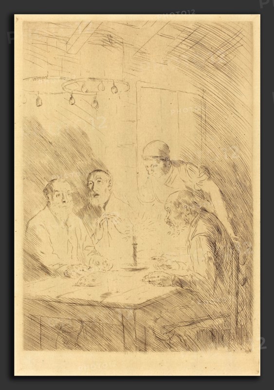 Alphonse Legros, Supper of the Poor (Le souper chez misere), French, 1837 - 1911, etching and drypoint on green paper