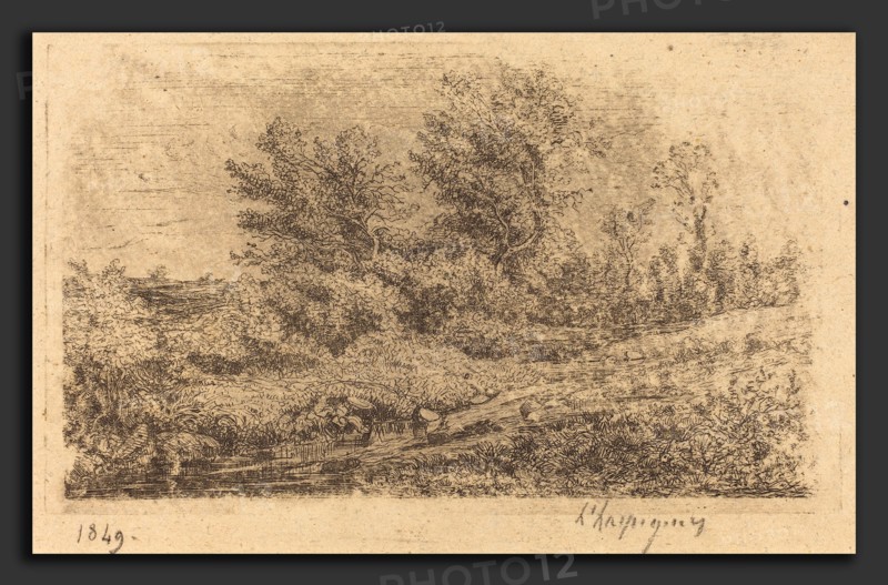 Henri-Joseph Harpignies (French, 1819 - 1916), Bouquet d'arbres au ruisseau (Stand of Trees on a River), 1849, etching on oatmeal paper