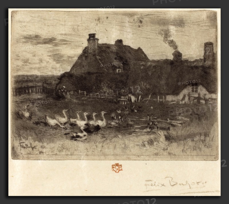 Félix-Hilaire Buhot (French, 1847 - 1898), Les Petites ChaumiÃ¨res (Thatched Cottages--Small Plate), 1878, etching, aquatint and drypoint on parchment