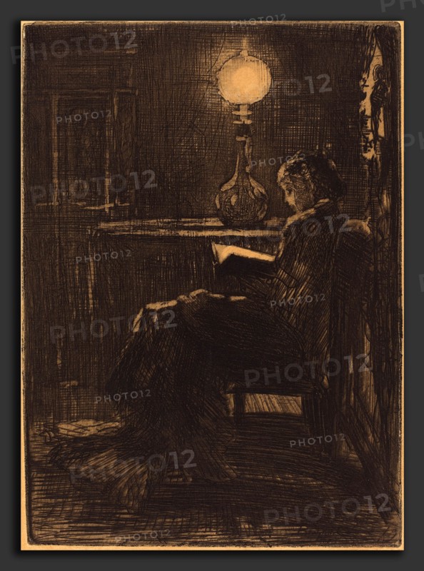 Félix-Hilaire Buhot (French, 1847 - 1898), Liseuse Ã  la Lampe (Woman Reading by Lamplight), 1879, etching with scraping and burnishing in black on brown wove paper