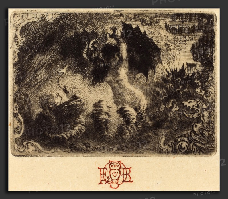 Félix-Hilaire Buhot (French, 1847 - 1898), Jacques Cazotte's "Le Diable amoureux" (1st vignette), 1878, etching and drypoint in black on thin Japanese paper