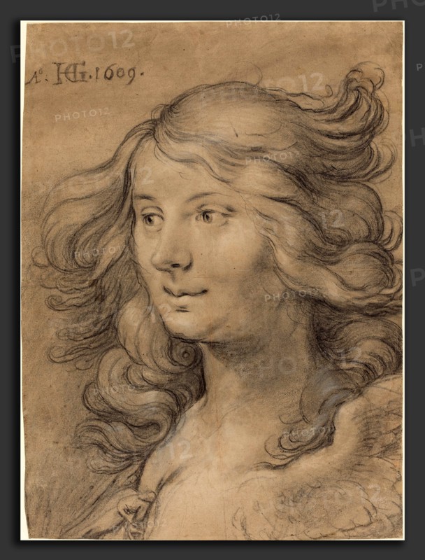 Hendrik Goltzius (Dutch, 1558 - 1617), Head of a Siren, 1609, black chalk with white heightening on brown laid paper