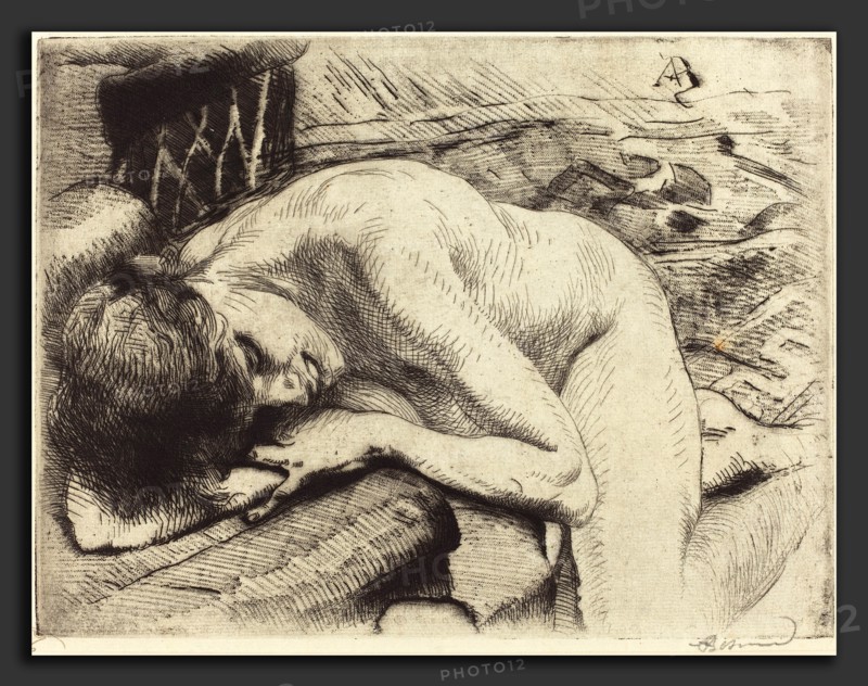 Albert Besnard (French, 1849 - 1934), Model Asleep on the Floor (Le modÃ¨le endormi Ã  terre), 1885, etching, roulette, and drypoint in black on pale blue laid paper