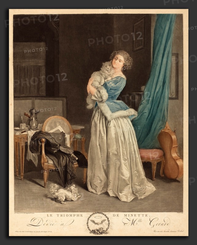 Geraud Vidal after Marguerite Gerard (French, 1742 - 1801), Le triomphe de Minette, color aquatint, stipple, and etching