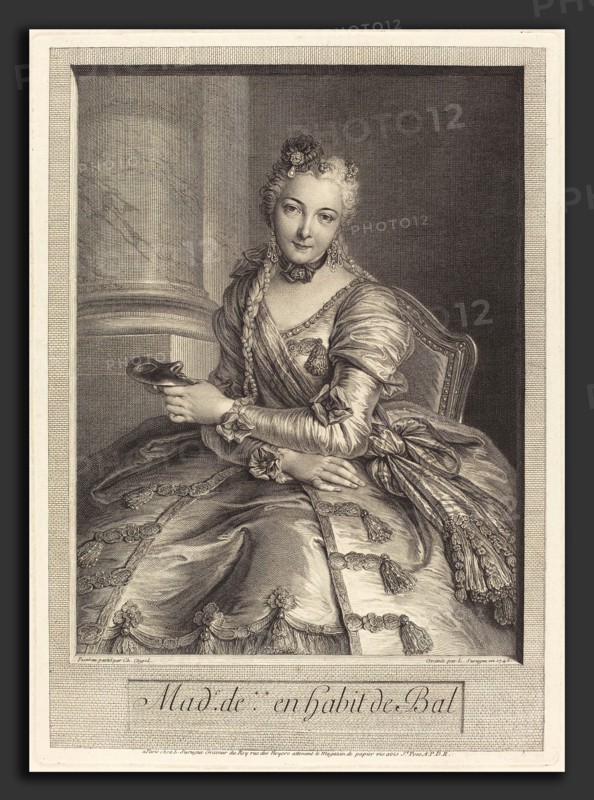 Pierre Louis de Surugue after Charles-Antoine Coypel (French, 1710 or 1716 - 1772), Mme. de M  en habit de bal, 1746, etching and engraving