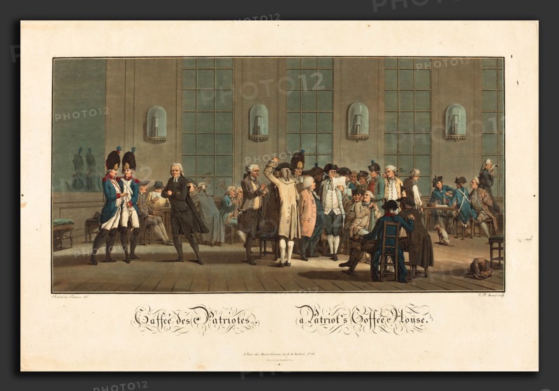 Jean-Baptiste Morret after Jacques-FranÃ§ois-Joseph Swebach-Desfontaines (French, active 1789 - 1820), Caffeé des Patriotes - A Patriot's Coffée House, 1792, etching and wash manner