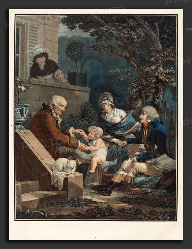 Philibert-Louis Debucourt (French, 1755 - 1832), Les Plaisirs paternels (Paternal Pleasures), c. 1797, etching and wash manner, printed in orange-red, blue, yellow, and black inks