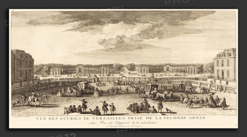 Jean-Baptiste Rigaud (French, active 1752-1761), Vue des Ecuries de Versailles Prise de la Seconde Grille, etching and engraving