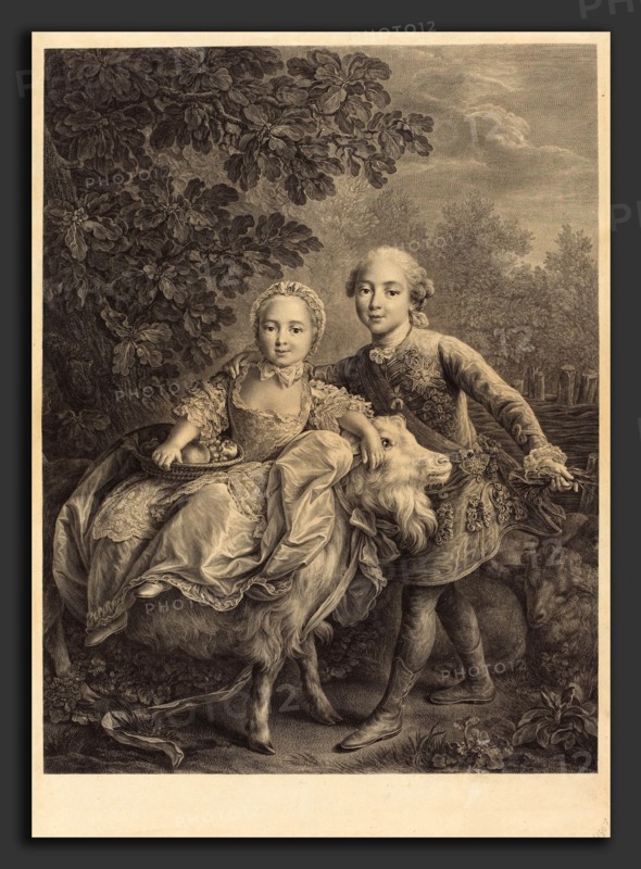 Jacques-Firmin Beauvarlet after FranÃ§ois-Hubert Drouais (French, 1731 - 1797), Le Comte d'Artois as an enfant with Mlle. Clotide, 1767, engraving