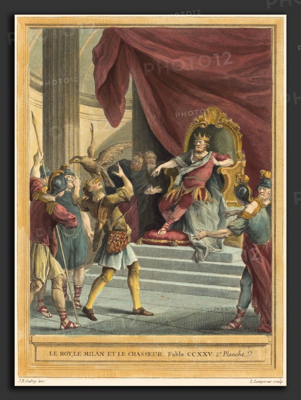 Louis-Simon Lempereur after Jean-Baptiste Oudry (French, 1728 - 1807), Le roi, le milan, et le chasseur (The King, the Kite, and the Hunter), published 1759, hand-colored etching