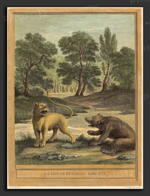 Louis-Simon Lempereur after Jean-Baptiste Oudry (French, 1728 - 1807), La lionne et l'ours (The Lion and the Bear, published 1759, hand-colored etching
