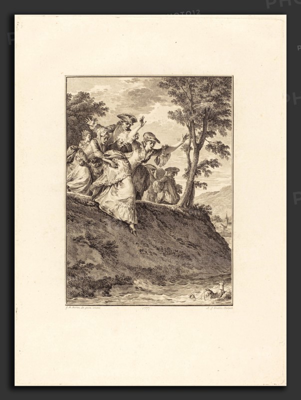 Antoine-Jean Duclos after Jean-Michel Moreau (French, 1742 - 1795), Elle s'élance aprÃ¨s lui, 1777, etching and engraving