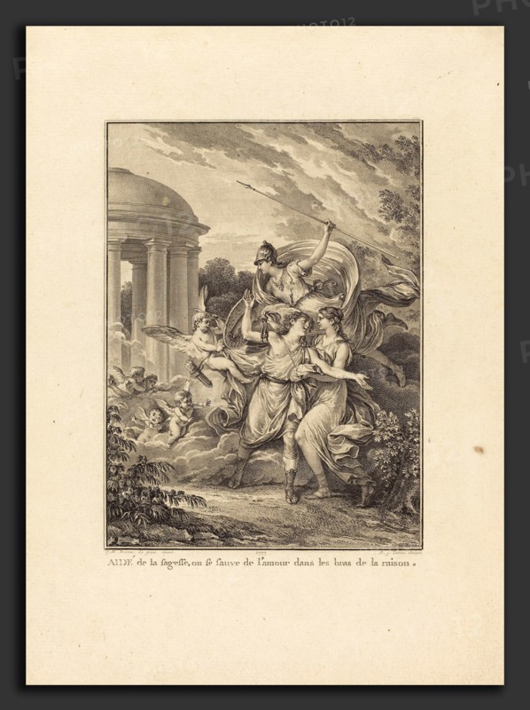 Antoine-Jean Duclos after Jean-Michel Moreau (French, 1742 - 1795), Frontispiece: Aidé de la sagesse, on se sauve de l'amour dans les bras de la raison, 1777, etching and engraving