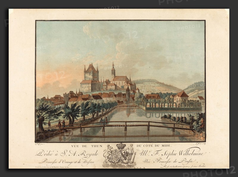 Jean-FranÃ§ois Janinet (French, 1752 - 1814), Vue de Thun du Cote du Midi, probably 1776, color aquatint and etching
