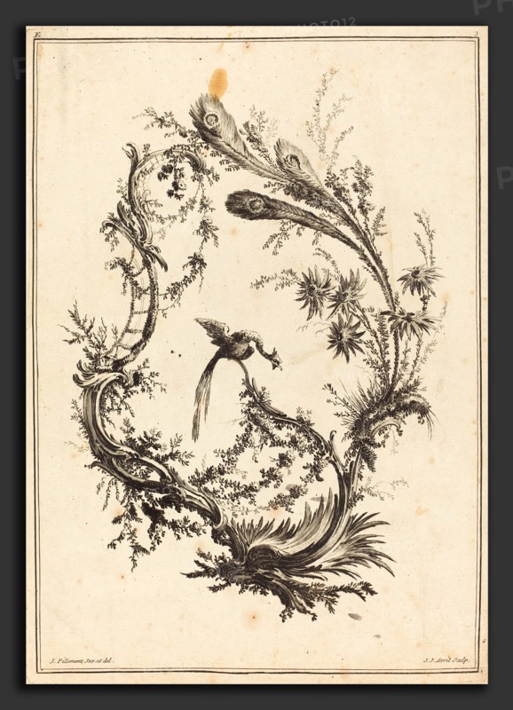 Jean-Jacques Avril I after Jean-Baptiste Pillement (French, 1744 - 1831), Ornament with a Peacock, etching and engraving