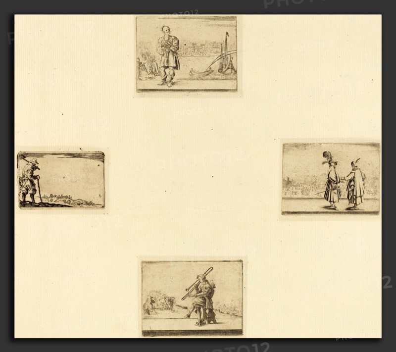 Style of Jacques Callot, Sheet of Etchings, 17th century, 4 etchings on 1 sheet of laid paper [restrikes]