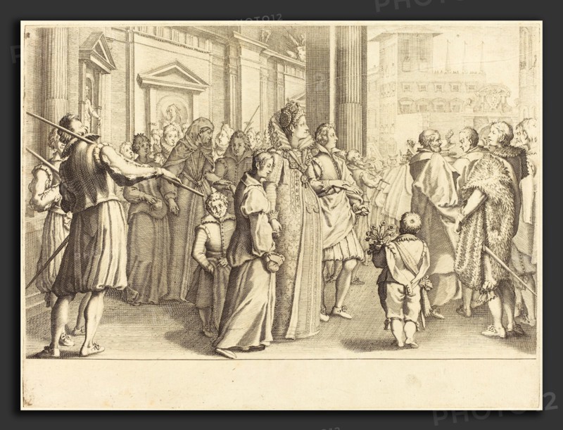 Jacques Callot (French, 1592 - 1635), Grand Duchess at the Procession of the Young Girls, c. 1614, engraving on laid paper [restrike]