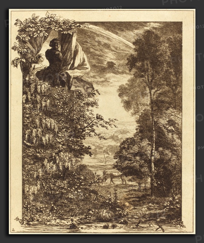 Félix Bracquemond, A Rainbow Landscape with Two Women Viewing it from Above, French, 1833 - 1914, 1856, etching on old green paper  [proof]