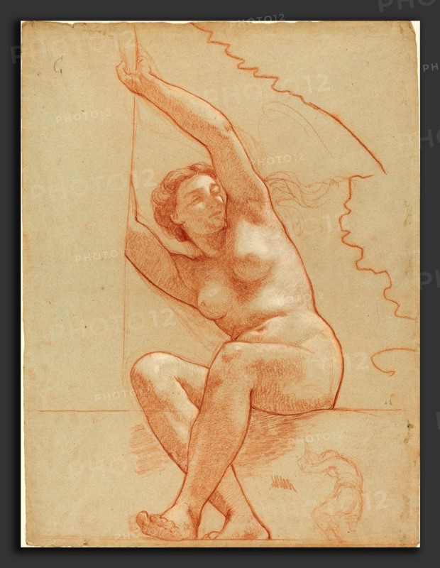 Charles-Louis-Lucien MÃ¼ller (French, 1815 - 1892), A Female Nude Seated on a Ledge, 1863-1866, red chalk with white heightening on blue paper