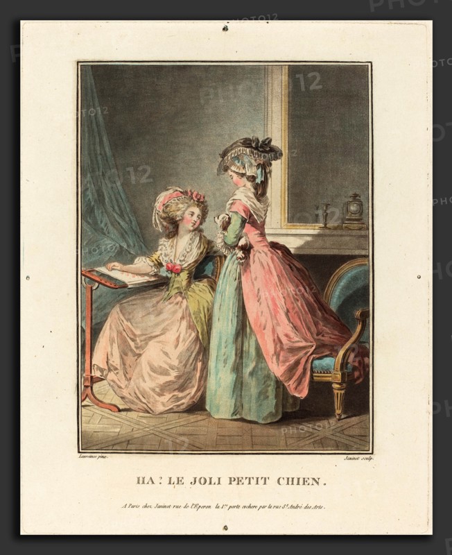 Jean-FranÃ§ois Janinet after Nicolas Lavreince (French, 1752 - 1814), Ha! La joli petit chien, color aquatint and etching