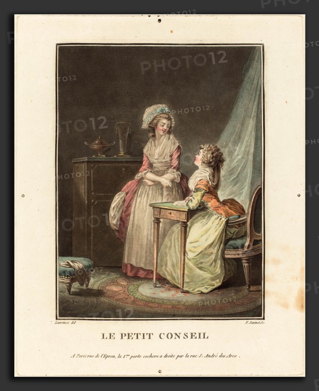 Jean-FranÃ§ois Janinet after Nicolas Lavreince (French, 1752 - 1814), Le petit conseil, color aquatint