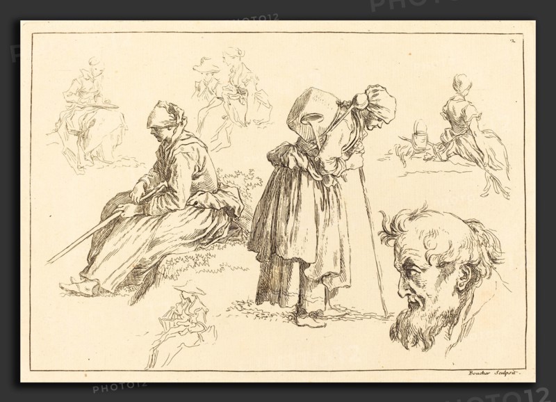 FranÃ§ois Boucher after Abraham Bloemaert (French, 1703 - 1770), Figure Studies including Woman with a Kettle, published 1735, etching on laid paper