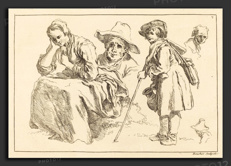 FranÃ§ois Boucher after Abraham Bloemaert (French, 1703 - 1770), Figure Studies including  Standing Boy Holding a Pitcher, published 1735, etching on laid paper
