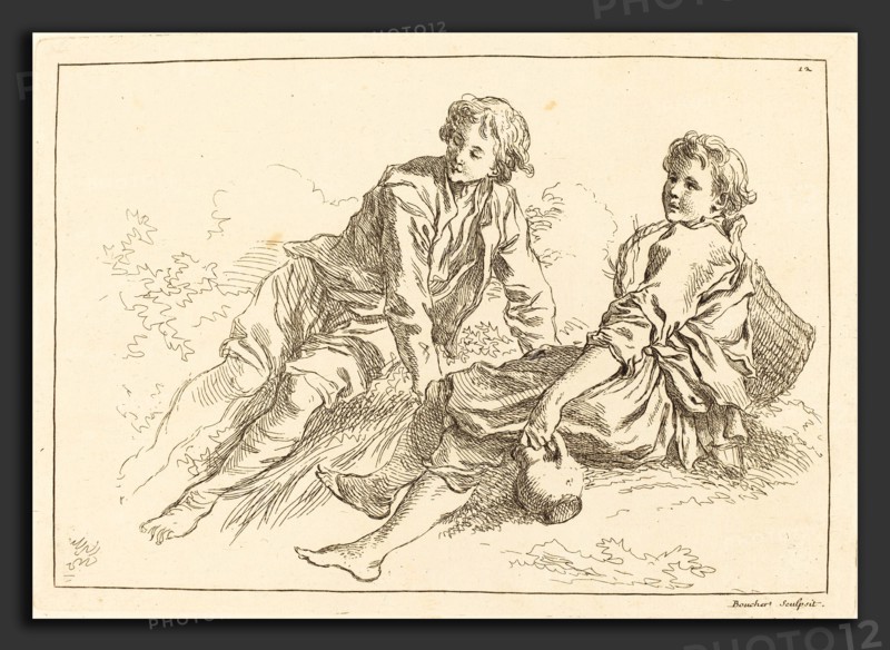 FranÃ§ois Boucher after Abraham Bloemaert (French, 1703 - 1770), Reclining Shepherd Boys, published 1735, etching on laid paper