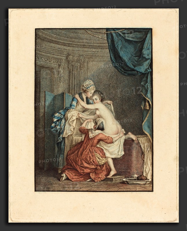 Nicolas Francois Regnault after Pierre-Antoine Baudouin (French, 1746 - c. 1810), Le bain (The Bath), color stipple etching and etching