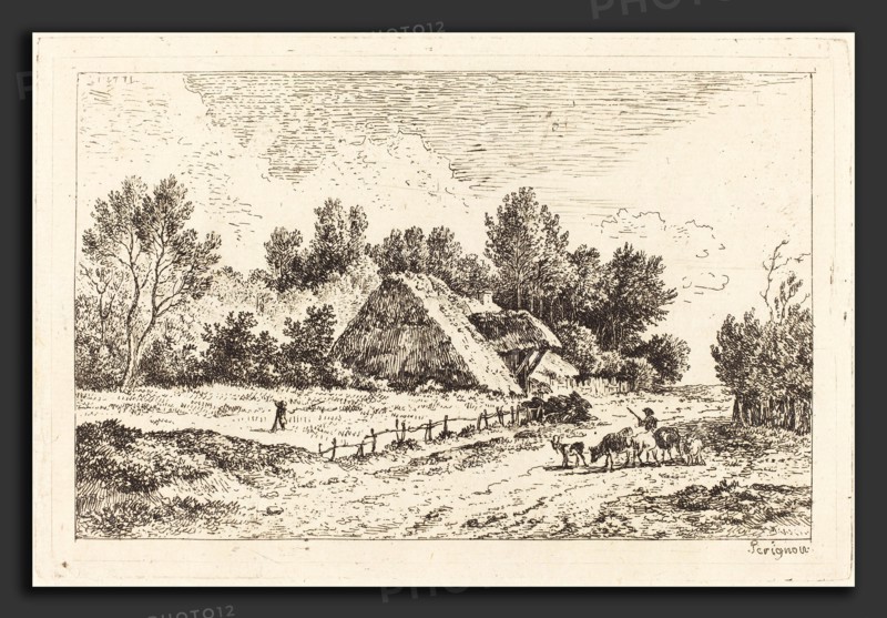 Nicolas Pérignon (French, 1726 - 1782), A Low Cottage with a Herdsman Leading His Flock, 1771, etching on laid paper