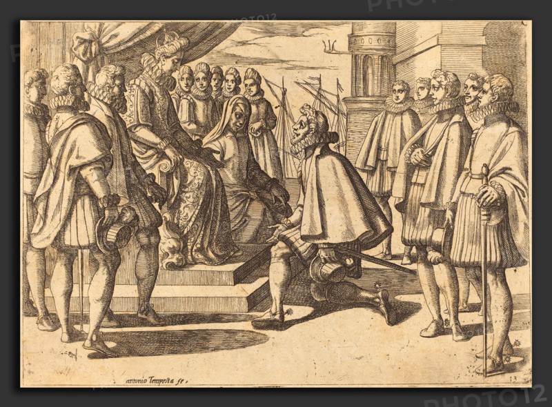Antonio Tempesta (Italian, 1555 - 1630), Spanish Duke before Margaret of Austria, 1612, etching