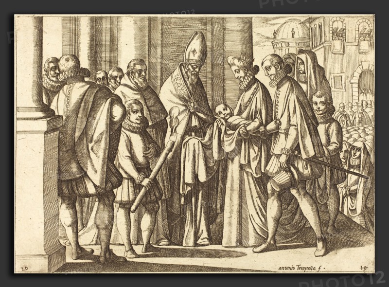 Antonio Tempesta (Italian, 1555 - 1630), Philip as a Boy before Margaret of Austria, 1612, etching on laid paper [restrike]