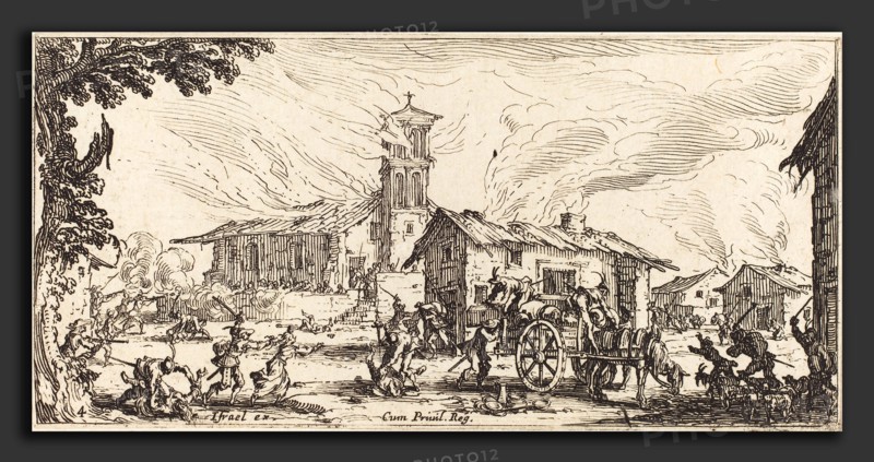 Jacques Callot (French, 1592 - 1635), Ravaging and Burning a Village, c. 1633, etching